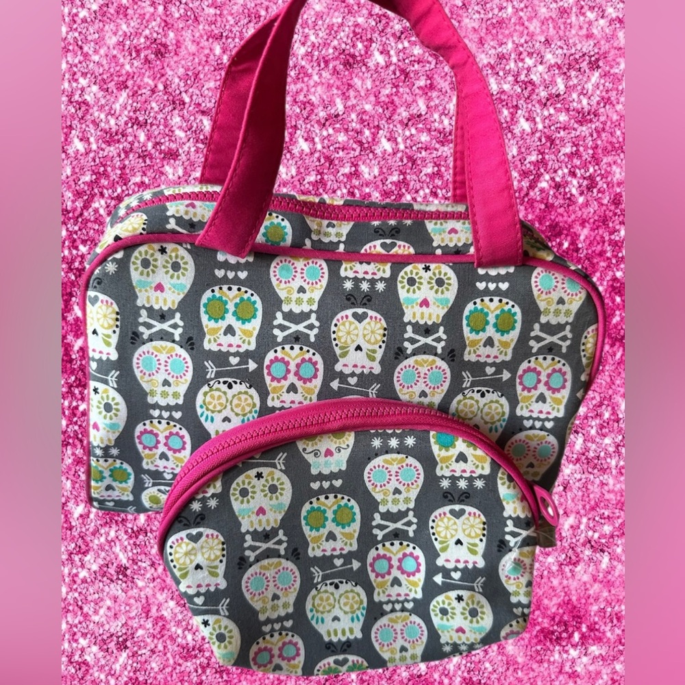 Enchante’ Accessories Set of Large & Small Cosmetic Bags-Sugar Skull Design NWOT